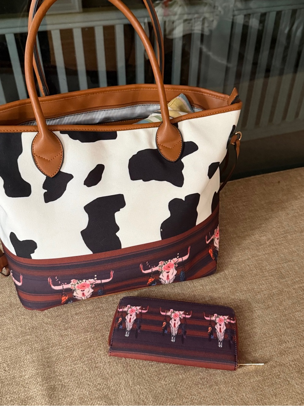 Cow-Print Canvas Tote with Brown Trim Floral Longhorn Stripe & matching wallet
